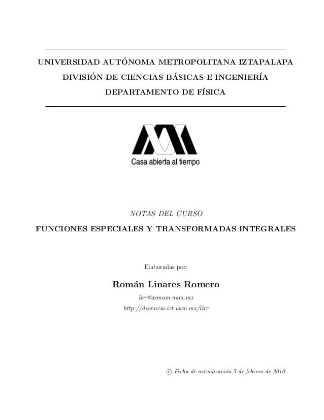 Funciones Especiales y Transformadas Integrales 1 Edición Román Linares PDF